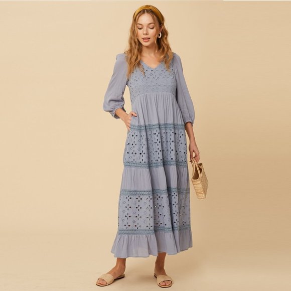 Listicle Misty Blue Maxi Dress NWT • Rayon Long Sleeve Boho Textured Embroidered - Picture 2 of 13